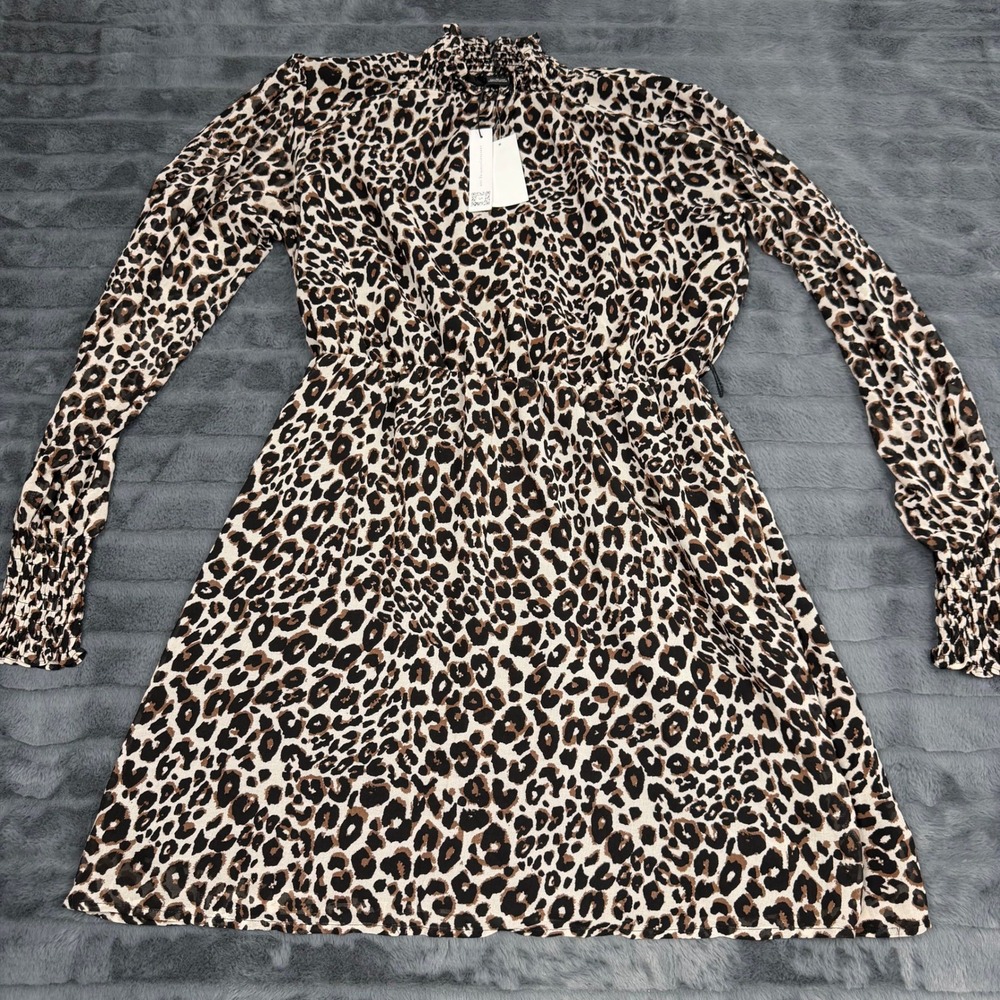 Sanctuary Leopard Print Smocked Mock Neck Long Sleeve Mini Dress CD1963H29 Med